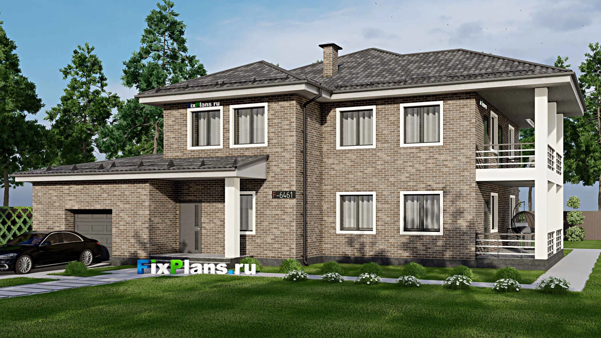 F-6461 - Проект двухэтажного дома 17 на 18, площадью 370 м² с террасой, балконом, баней, гаражом на 1 машину, бассейном и 4 спальнями