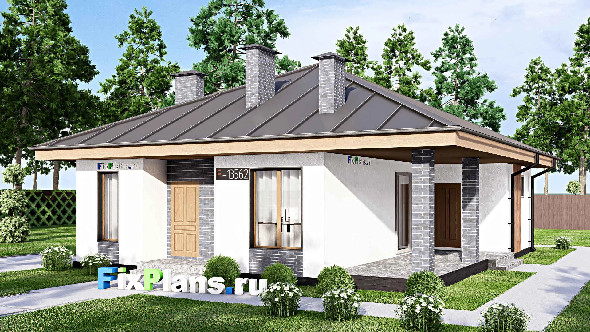 F-13562 - Проект одноэтажного дома 11 на 13, площадью 110 м² с террасой, баней и 2 спальнями