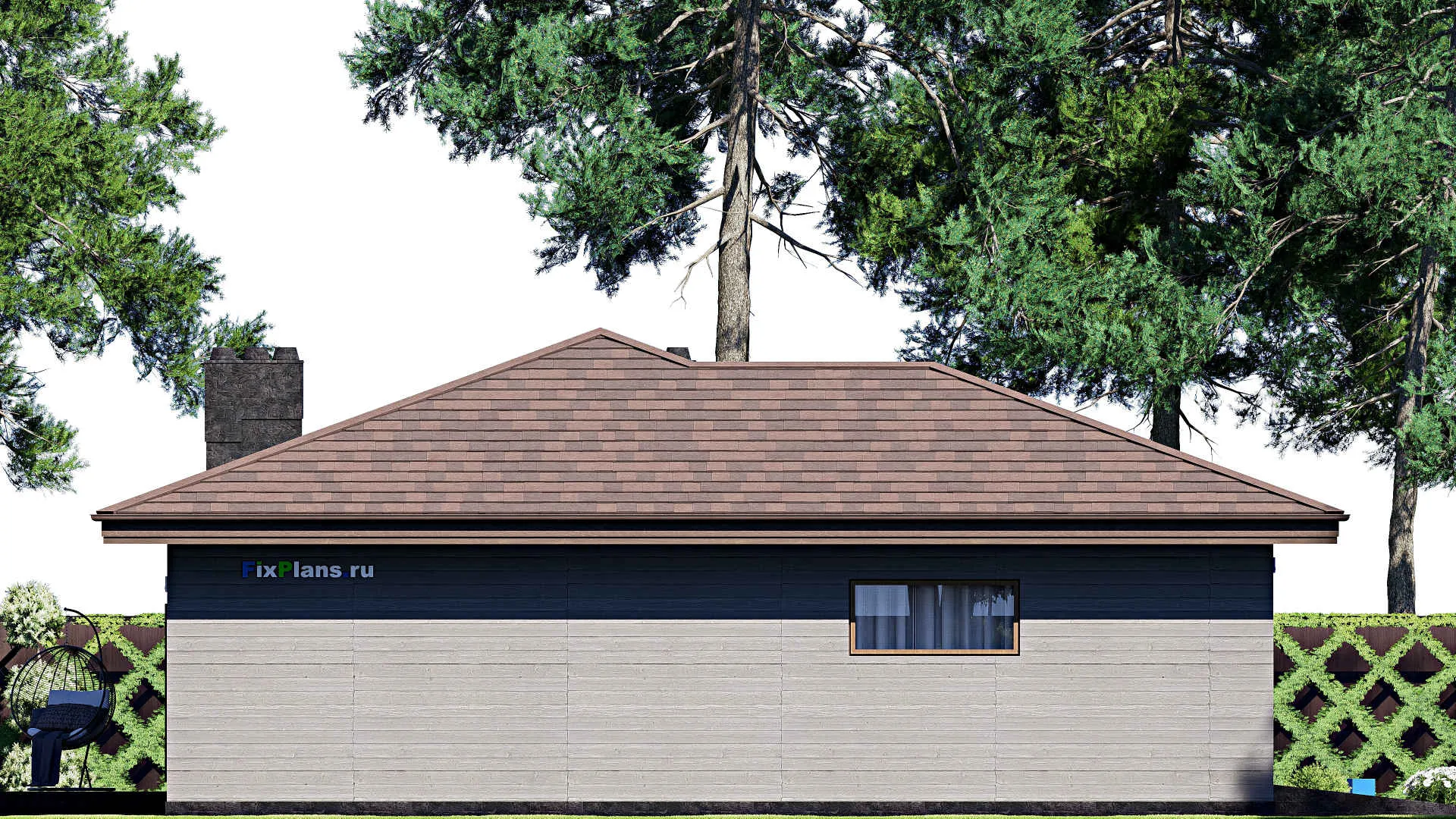 F-17504 - План одноэтажного дома 16 на 19, площадью 190 м² с террасой, гаражом на 2 машины и 3 спальнями