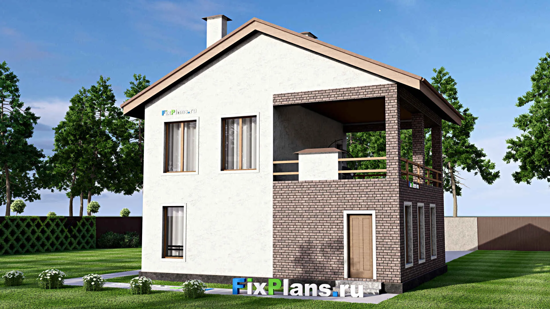 F-14255 - Проект двухэтажного дома 10 на 10, площадью 140 м² с балконом, баней, гаражом на 1 машину и 2 спальнями