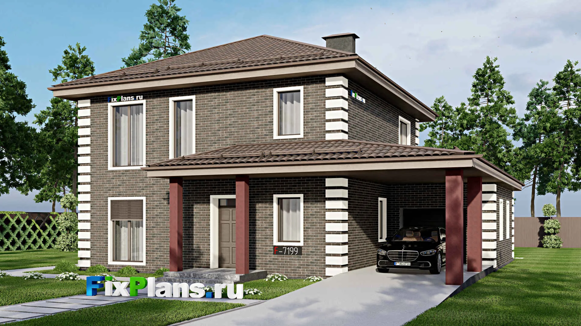 F-7199 - Проект двухэтажного дома 15 на 15, площадью 240 м² с террасой, гаражом на 1 машину и 4 спальнями