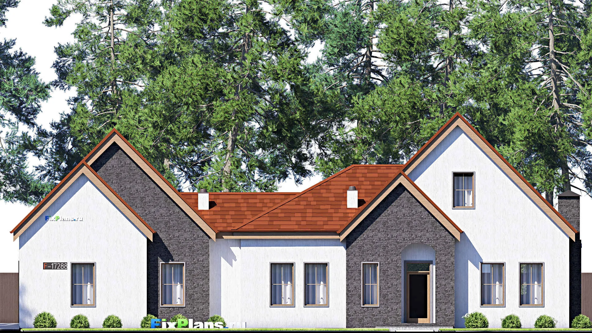 F-17288 - Проект дома с мансардой 15 на 23, площадью 260 м² с террасой, гаражом на 2 машины и 3 спальнями