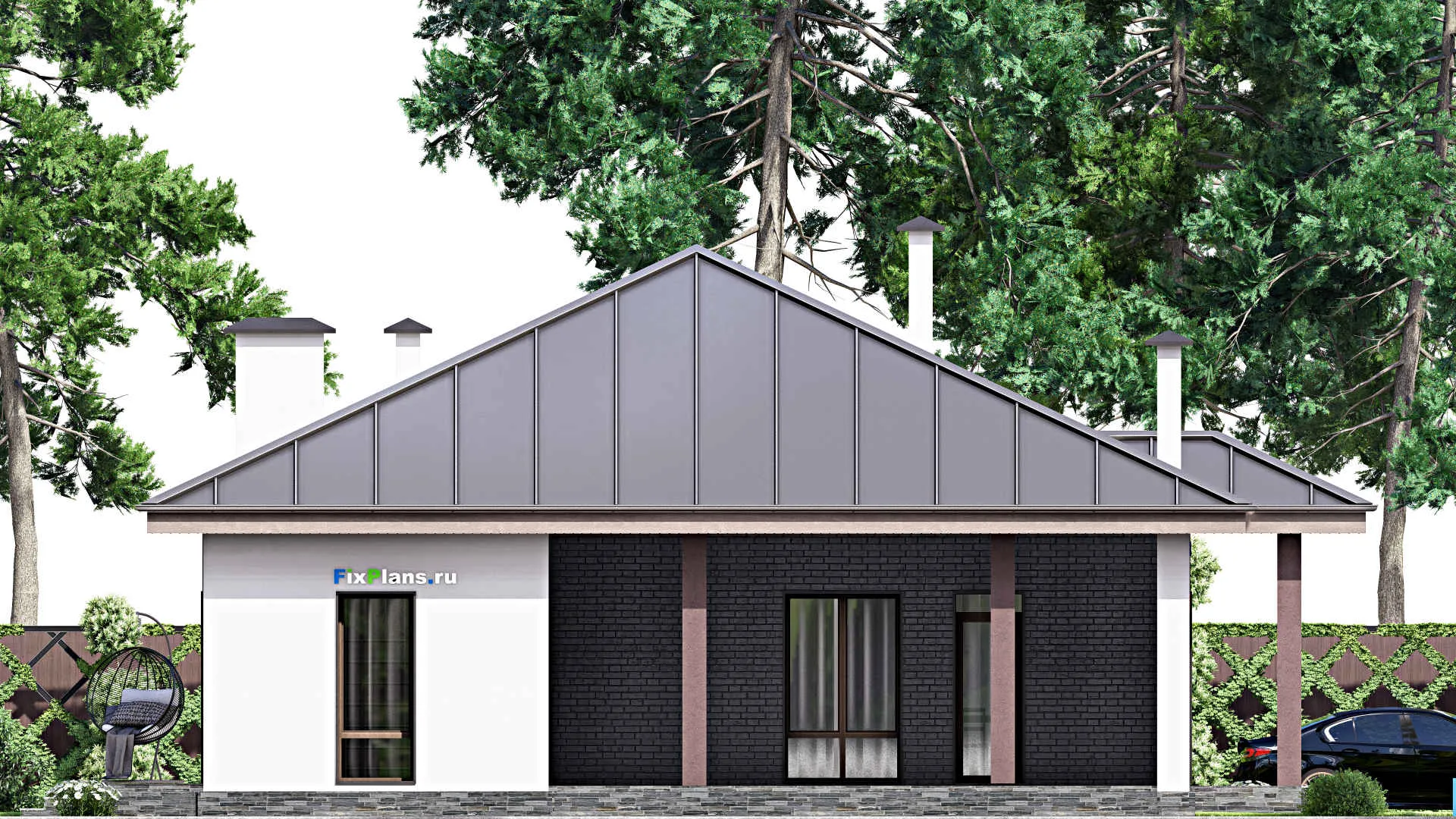 F-12473 - Проект одноэтажного дома 16 на 19, площадью 210 м² с террасой, гаражом на 1 машину и 2 спальнями