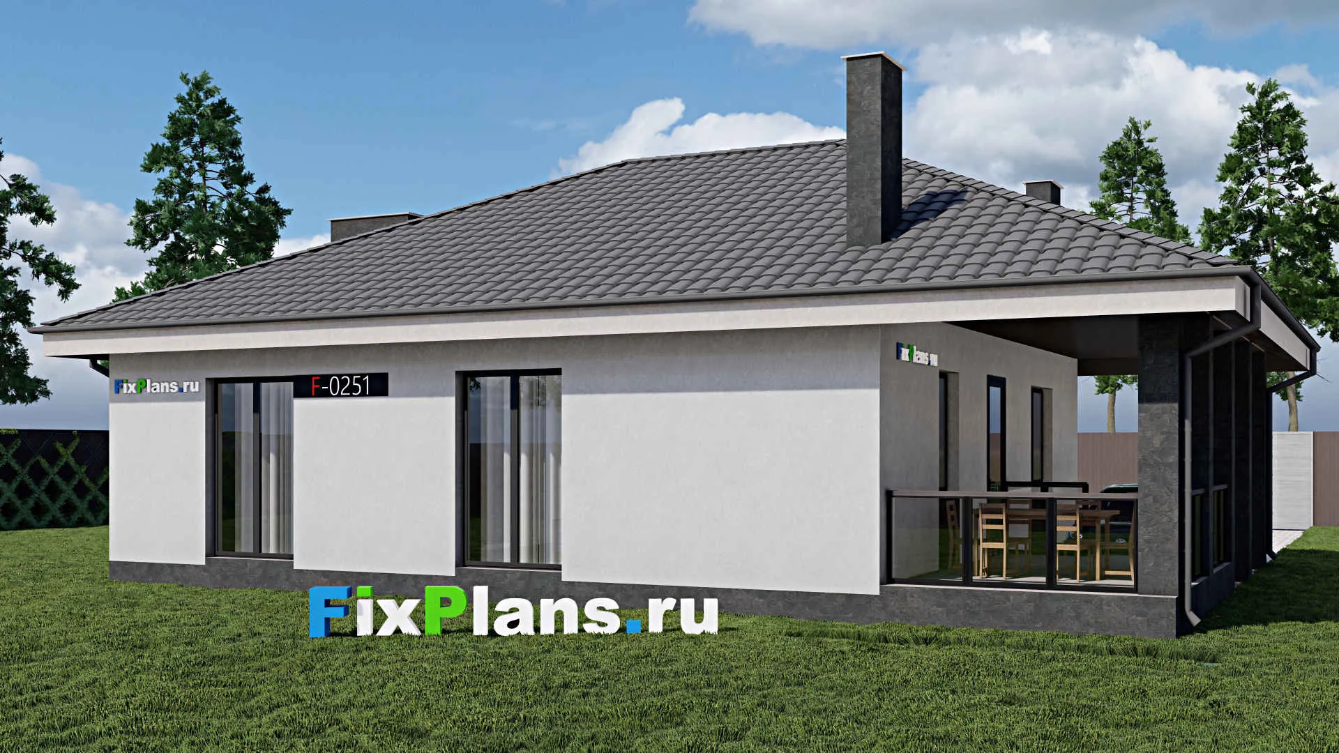 F-0251 - План одноэтажного дома 11 на 12, площадью 130 м² с террасой и 3 спальнями