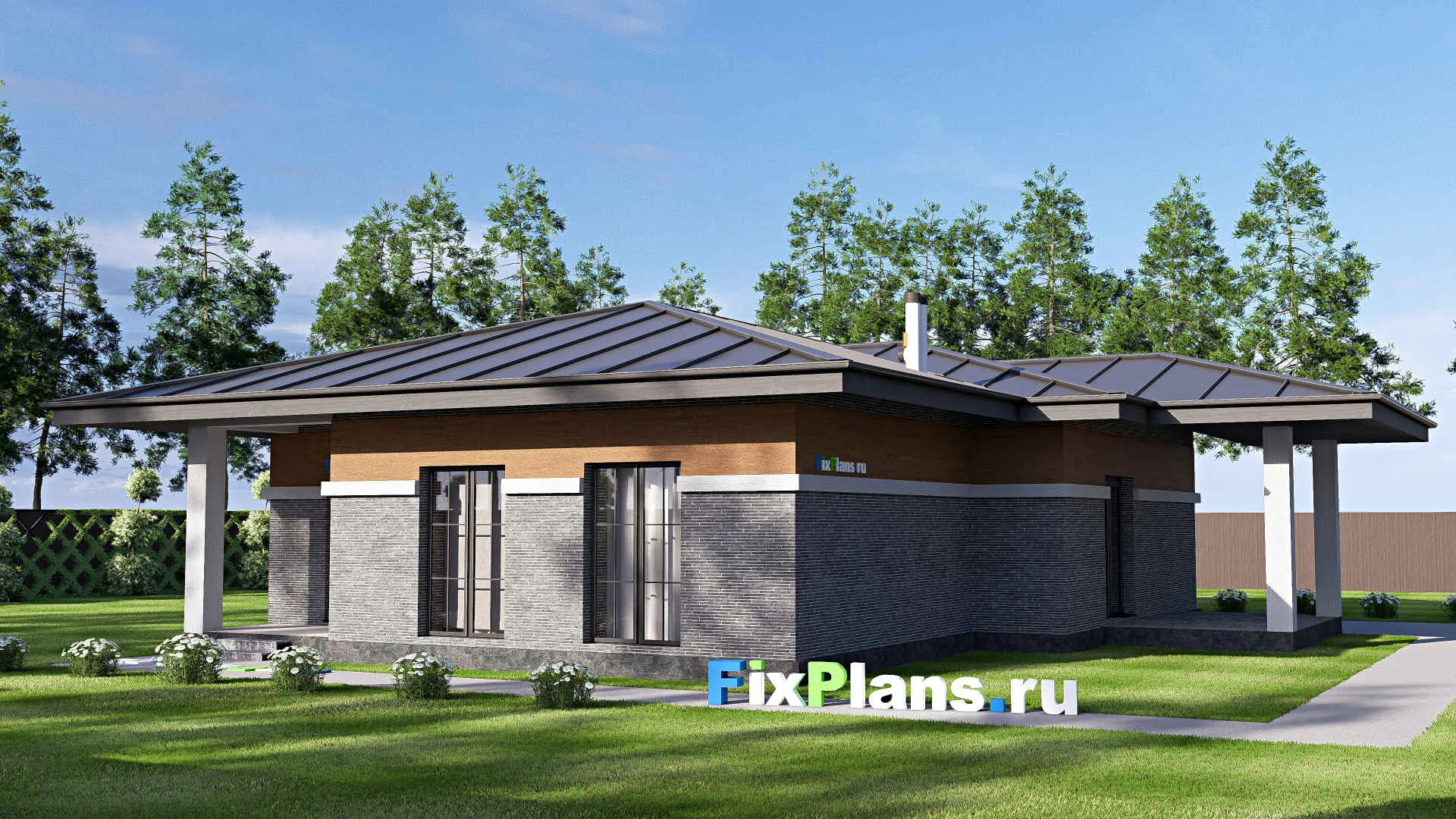 F-19790 - Проект одноэтажного дома 15 на 16, площадью 160 м² с террасой и 3 спальнями