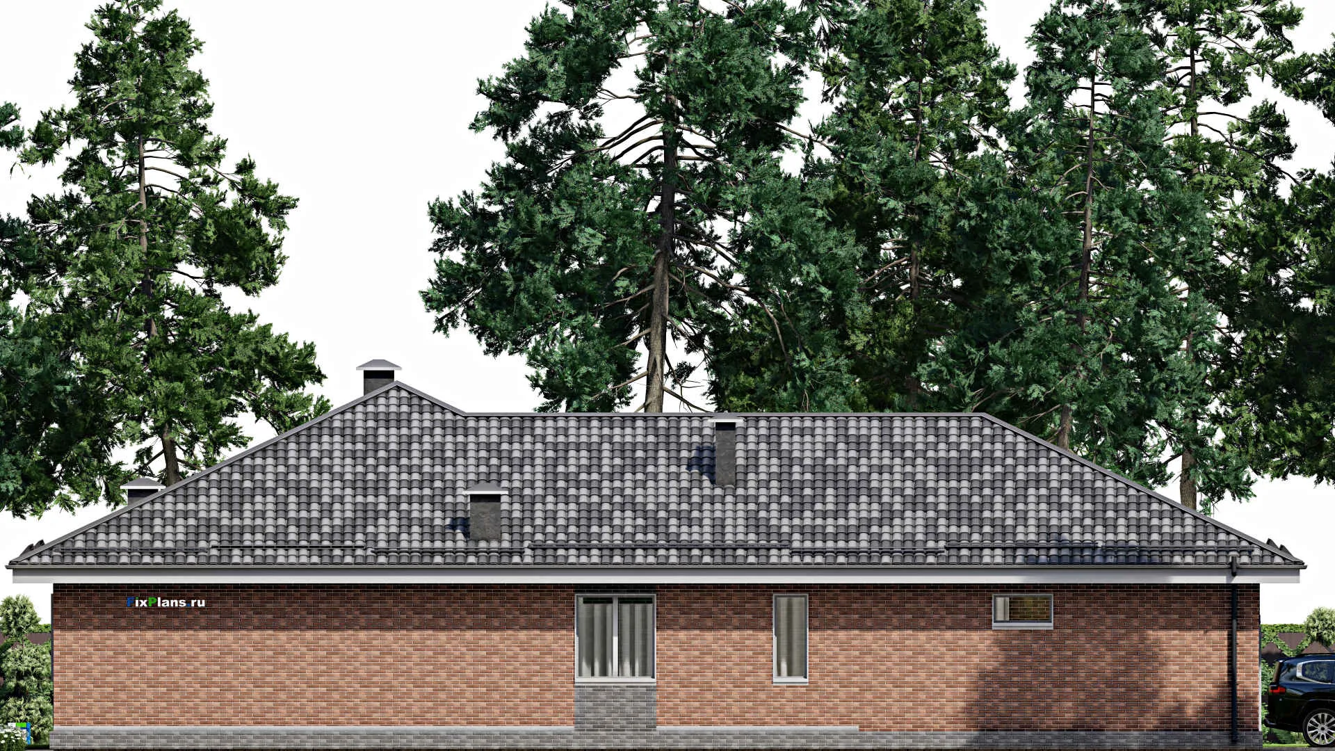 F-5849 - Проект одноэтажного дома 16 на 24, площадью 250 м² с террасой, гаражом на 2 машины и 3 спальнями