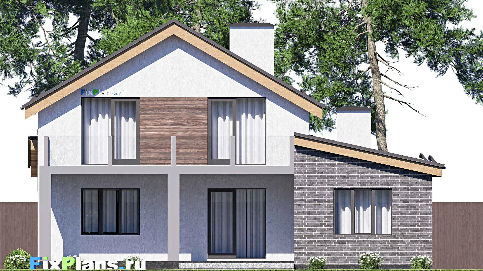 F-17774 - Проект дома с мансардой 14 на 16, площадью 270 м² с террасой, балконом, гаражом на 1 машину и 4 спальнями