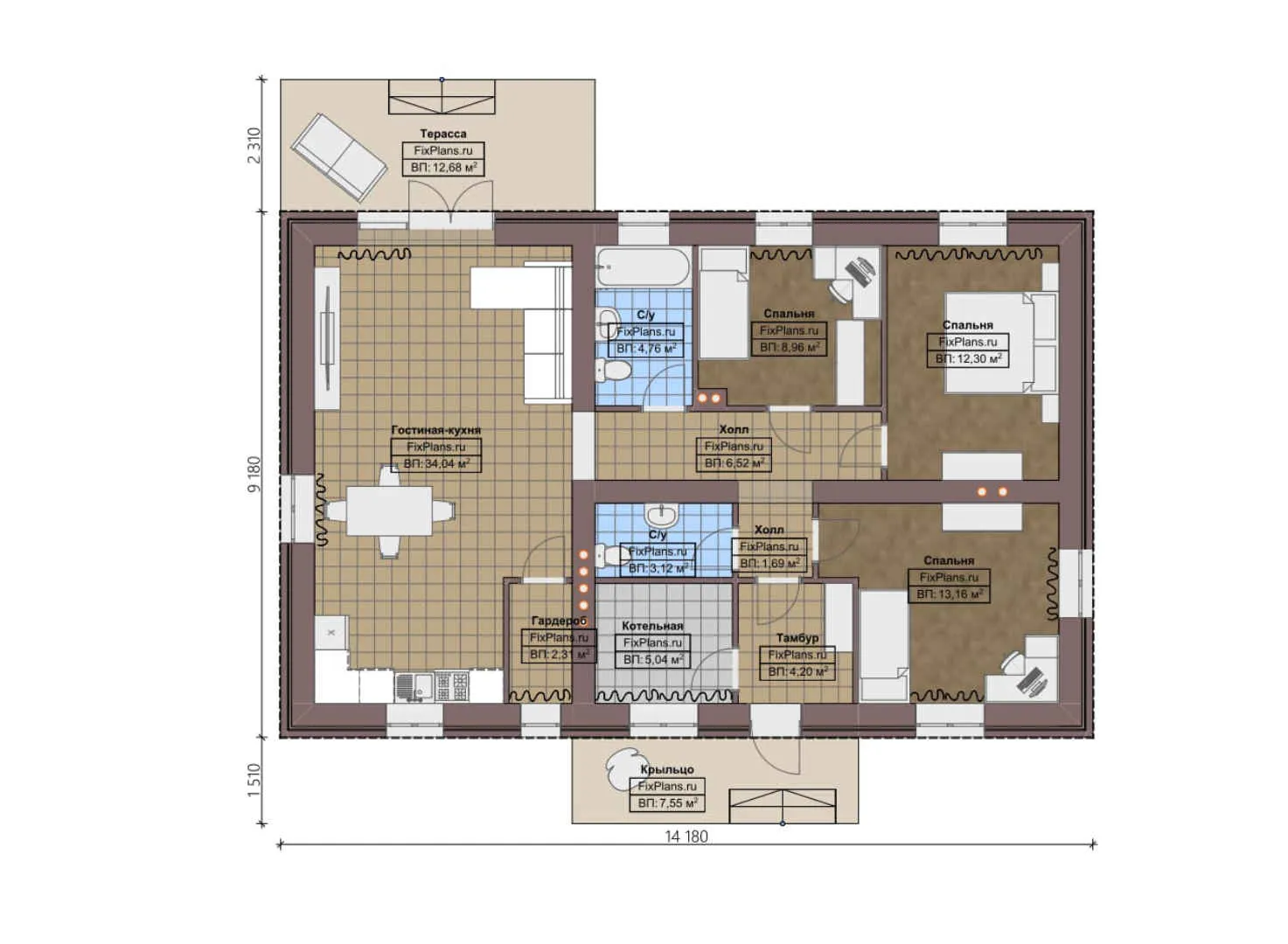 F-1988 - План одноэтажного дома 10 на 15, площадью 120 м² с террасой и 3 спальнями