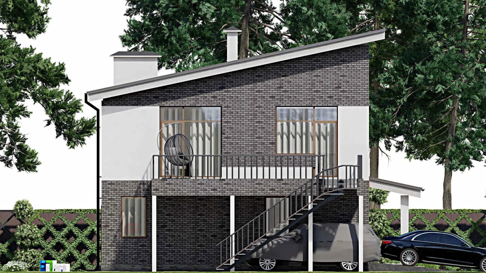 F-7775 - Проект двухэтажного дома 12 на 15, площадью 220 м² с террасой, гаражом на 2 машины и 3 спальнями