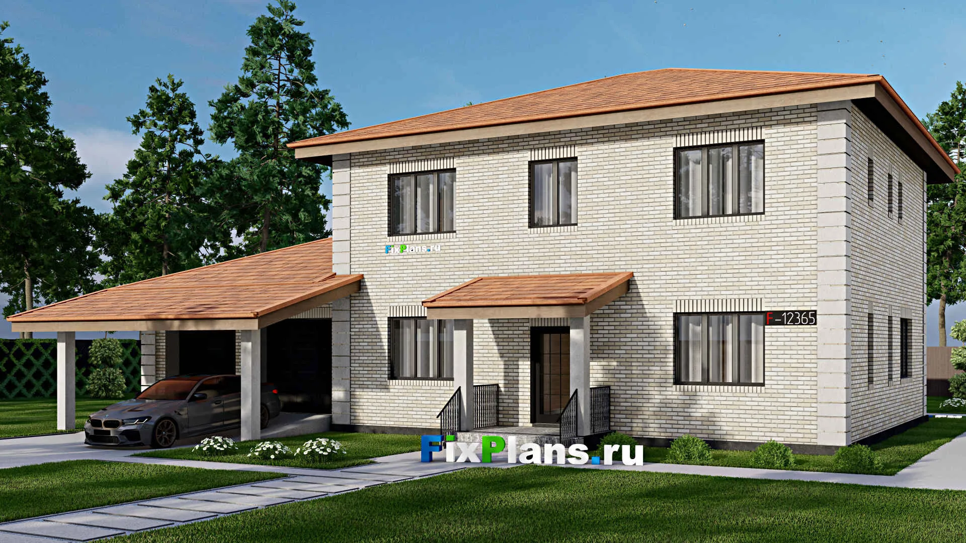 F-12365 - Проект двухэтажного дома 15 на 19, площадью 260 м² с террасой, гаражом на 1 машину и 4 спальнями