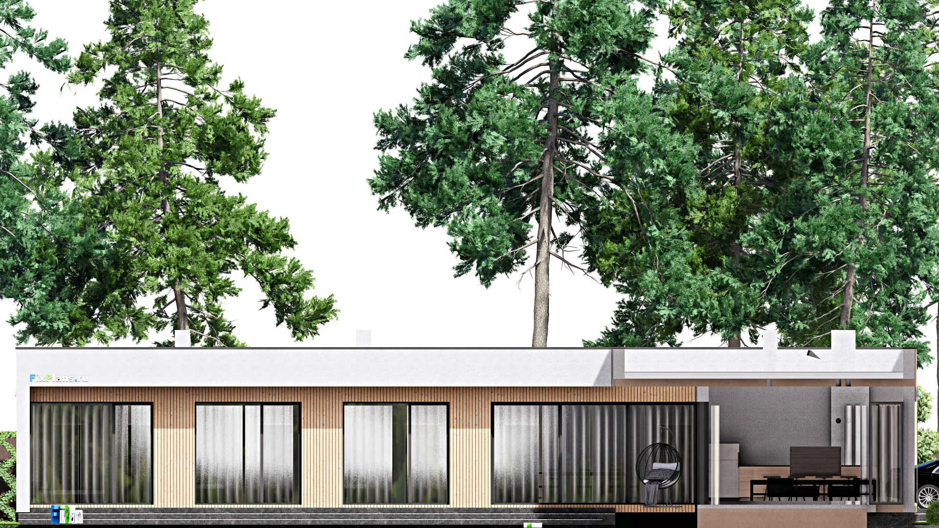 F-16577 - План одноэтажного дома 20 на 24, площадью 290 м² с террасой, гаражом на 2 машины и 3 спальнями