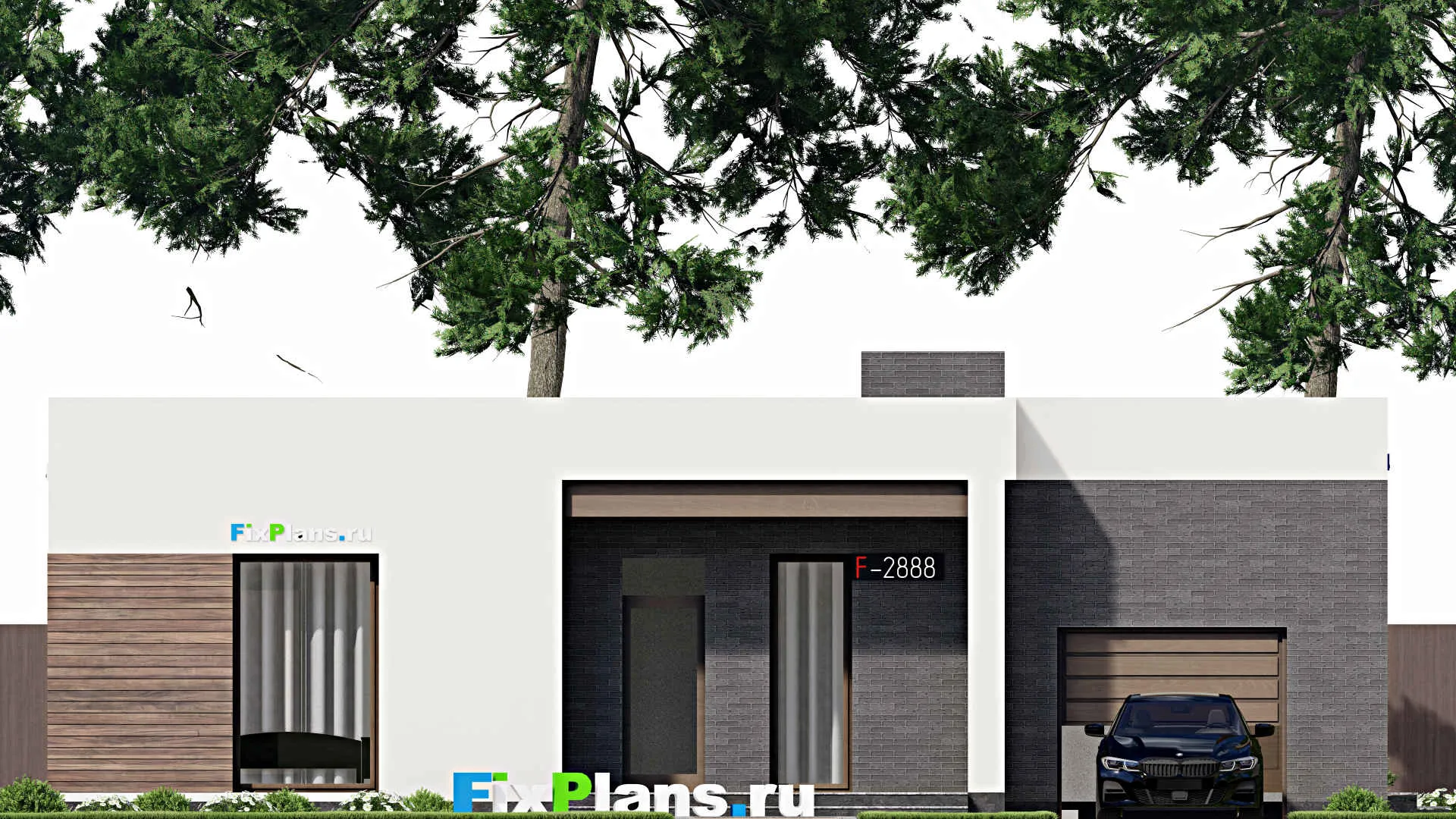 F-2888 - Проект одноэтажного дома 15 на 18, площадью 200 м² с террасой, гаражом на 1 машину и 3 спальнями