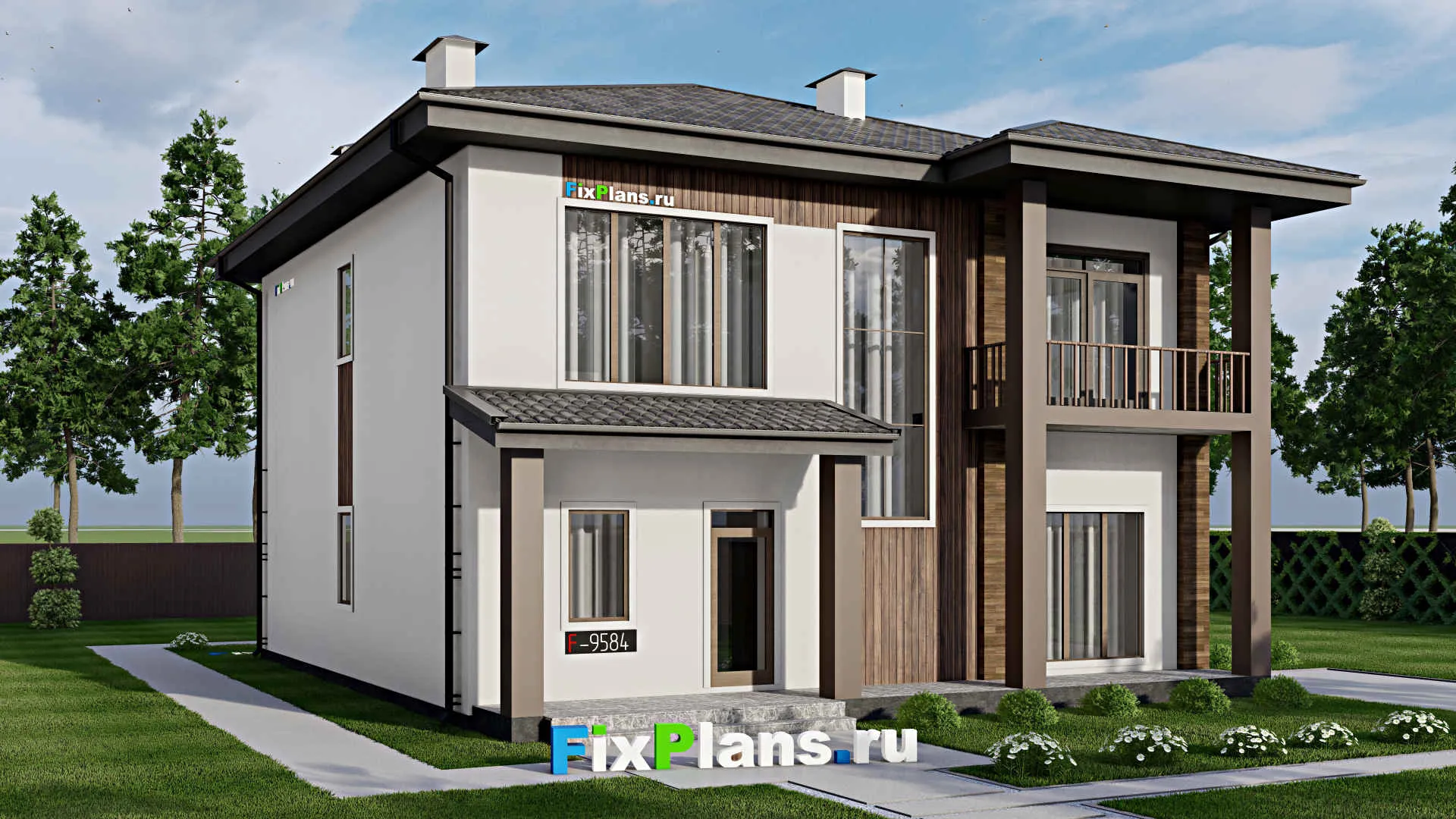 F-9584 - Проект двухэтажного дома 13 на 17, площадью 280 м² с террасой, балконом и 3 спальнями
