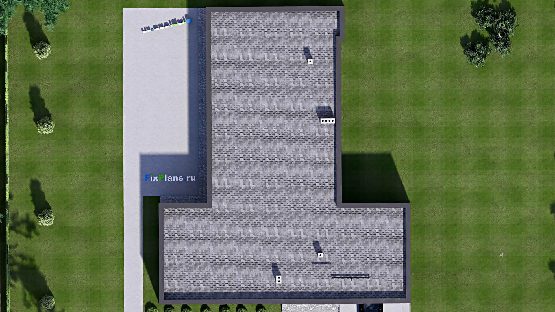 F-16577 - План одноэтажного дома 20 на 24, площадью 290 м² с террасой, гаражом на 2 машины и 3 спальнями