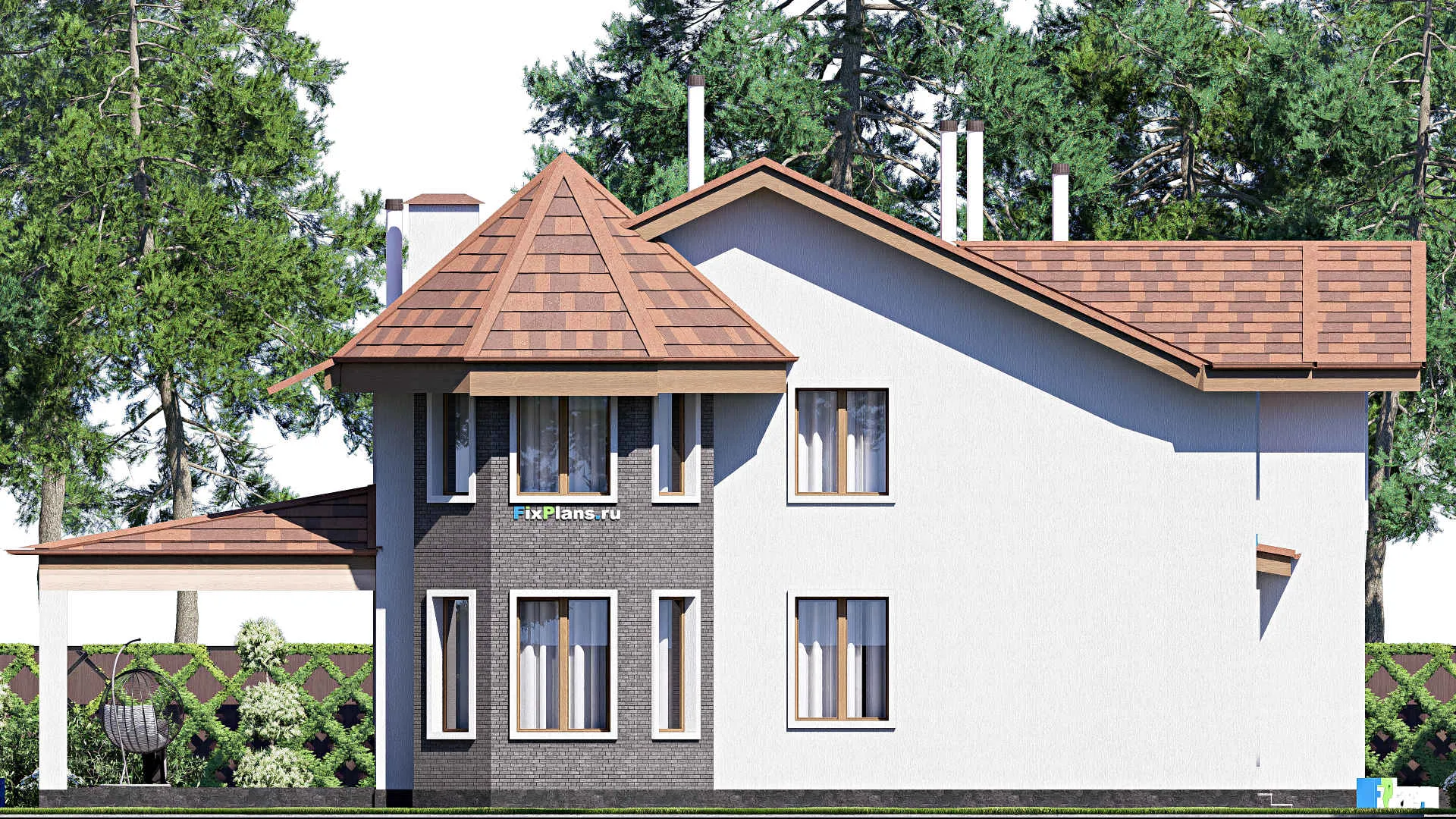 F-20240 - Проект двухэтажного дома 19 на 20, площадью 360 м² с террасой, гаражом на 2 машины и 3 спальнями