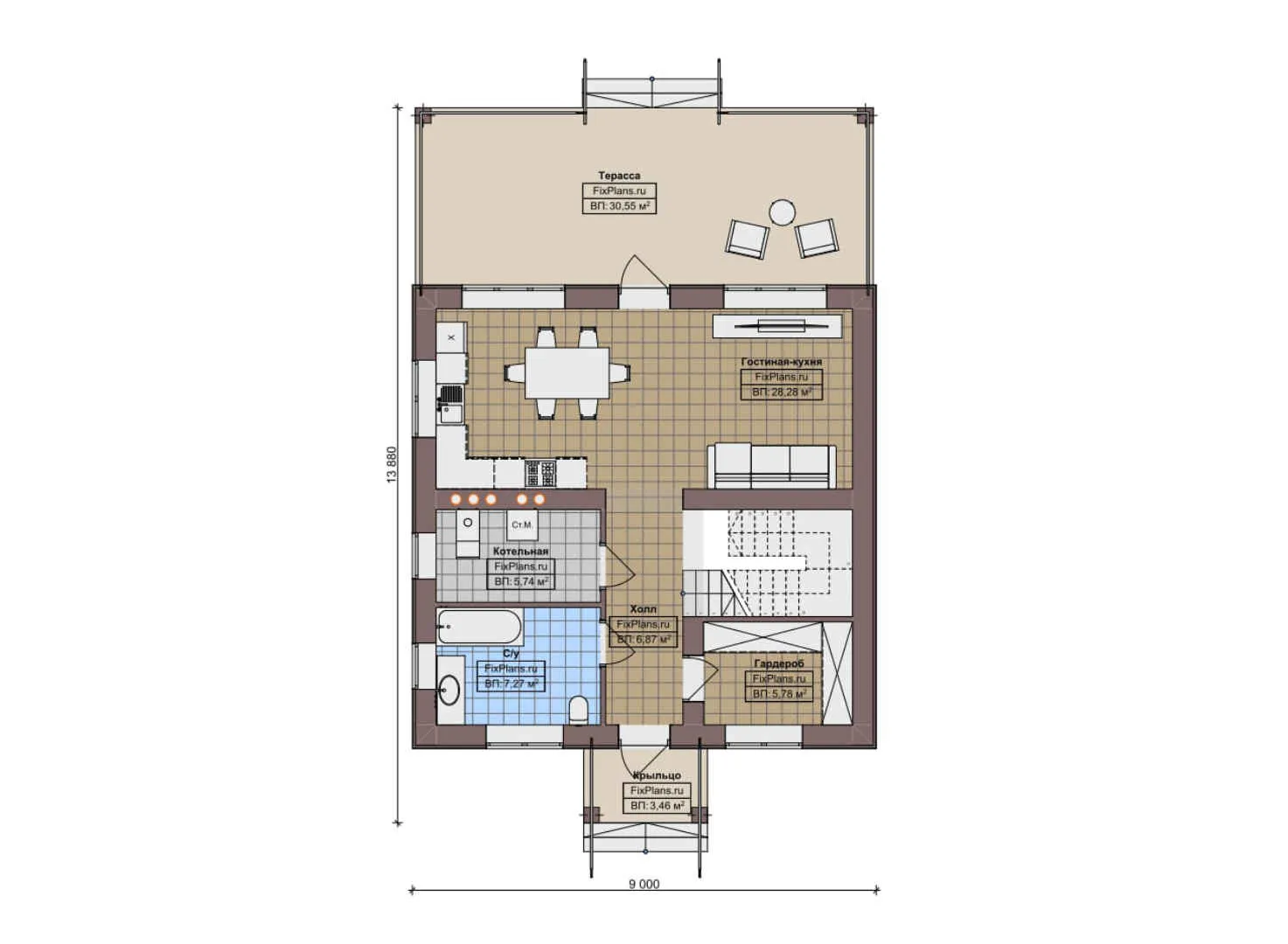 F-11375 - Планы двухэтажного дома 9 на 14, площадью 150 м² с террасой и 3 спальнями