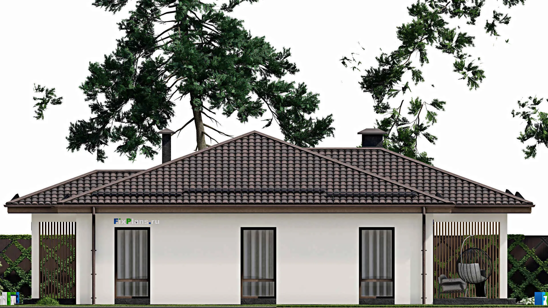 F-4256 - Проект одноэтажного дома 12 на 13, площадью 160 м² с террасой и 4 спальнями