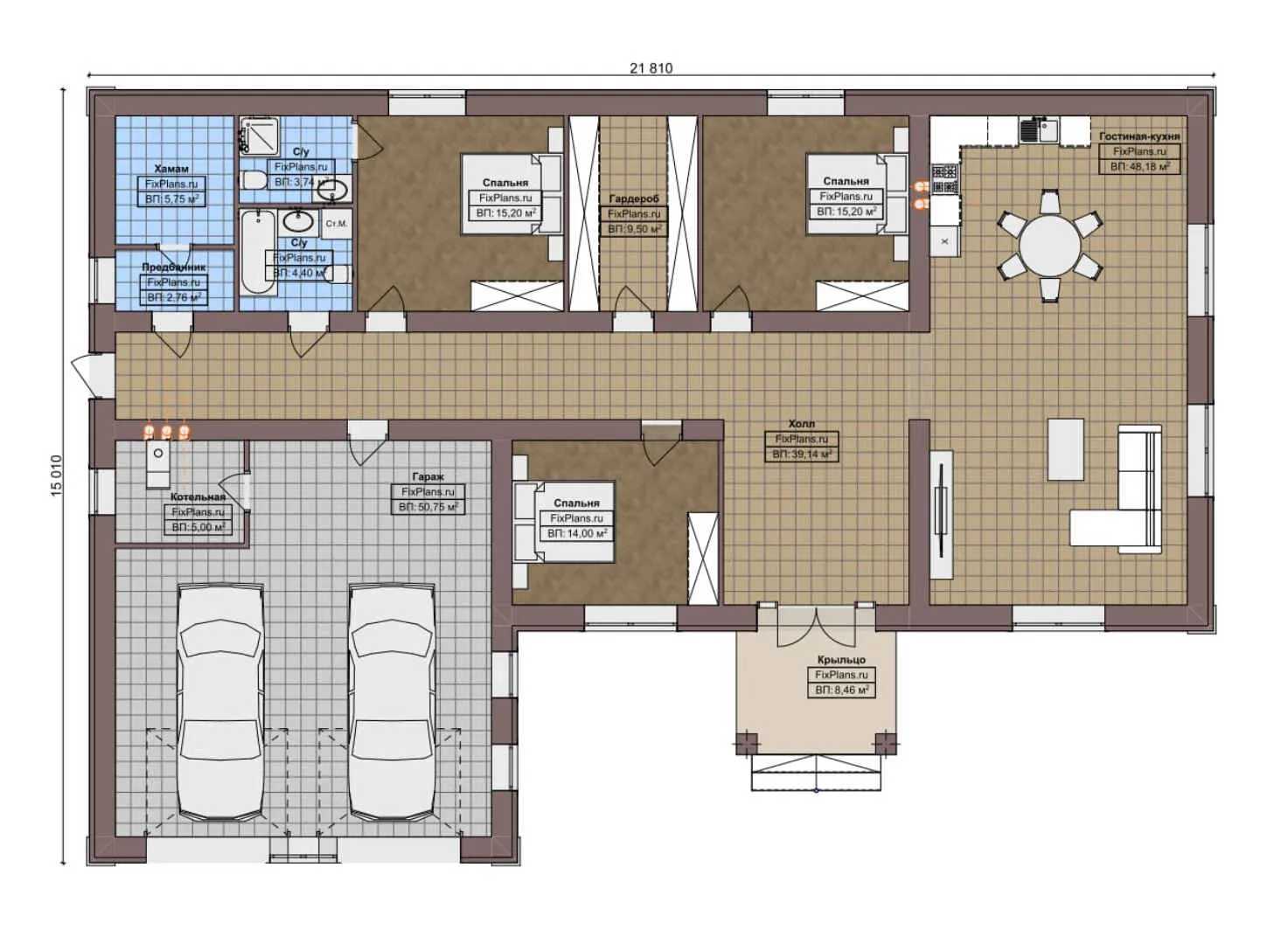 F-8144 - План одноэтажного дома 16 на 22, площадью 230 м² с баней, гаражом на 2 машины и 3 спальнями