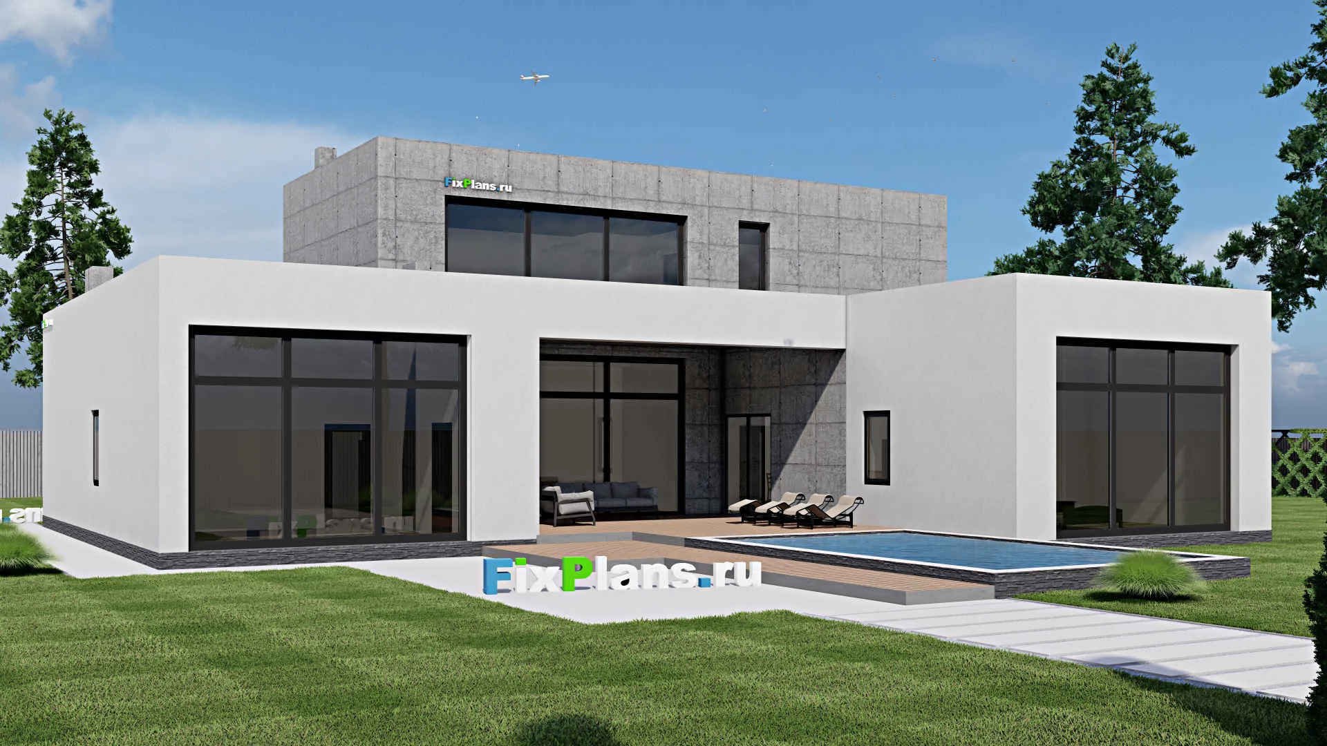 F-0359 - Планы двухэтажного дома 19 на 21, площадью 550 м² с террасой, балконом, баней, бассейном, спортзалом и 4 спальнями