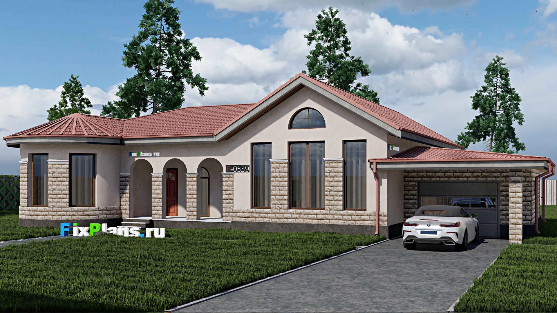 F-0539i - Проект одноэтажного дома 14 на 21, площадью 200 м² с террасой, гаражом на 1 машину и 3 спальнями