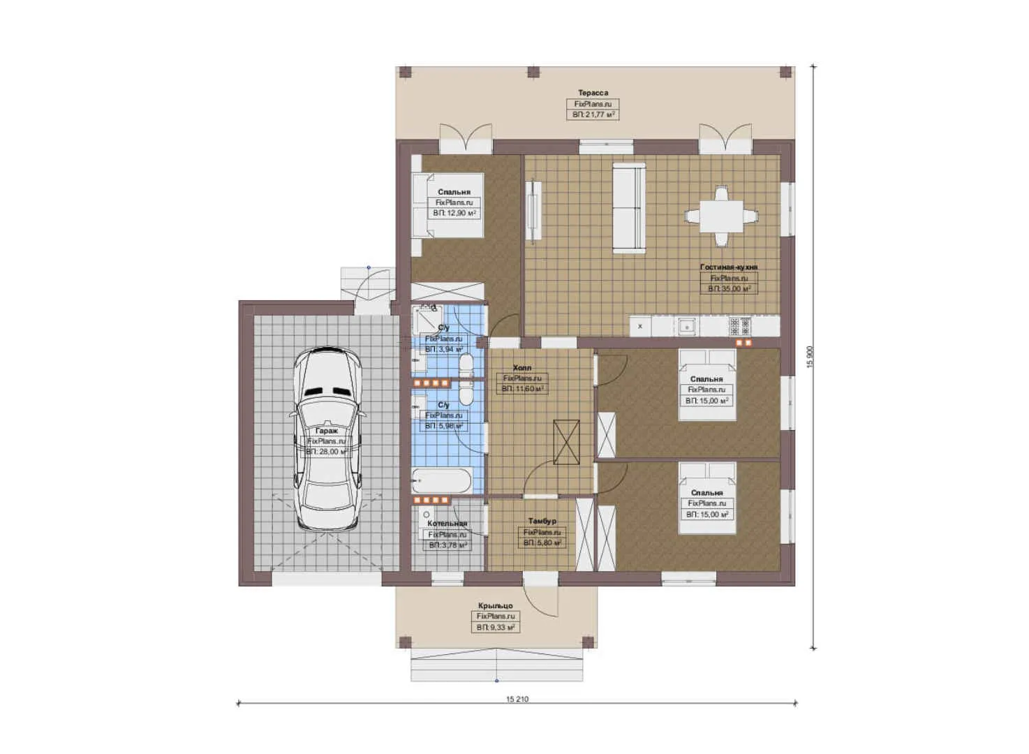 F-13877 - План одноэтажного дома 16 на 16, площадью 170 м² с террасой, гаражом на 1 машину и 3 спальнями