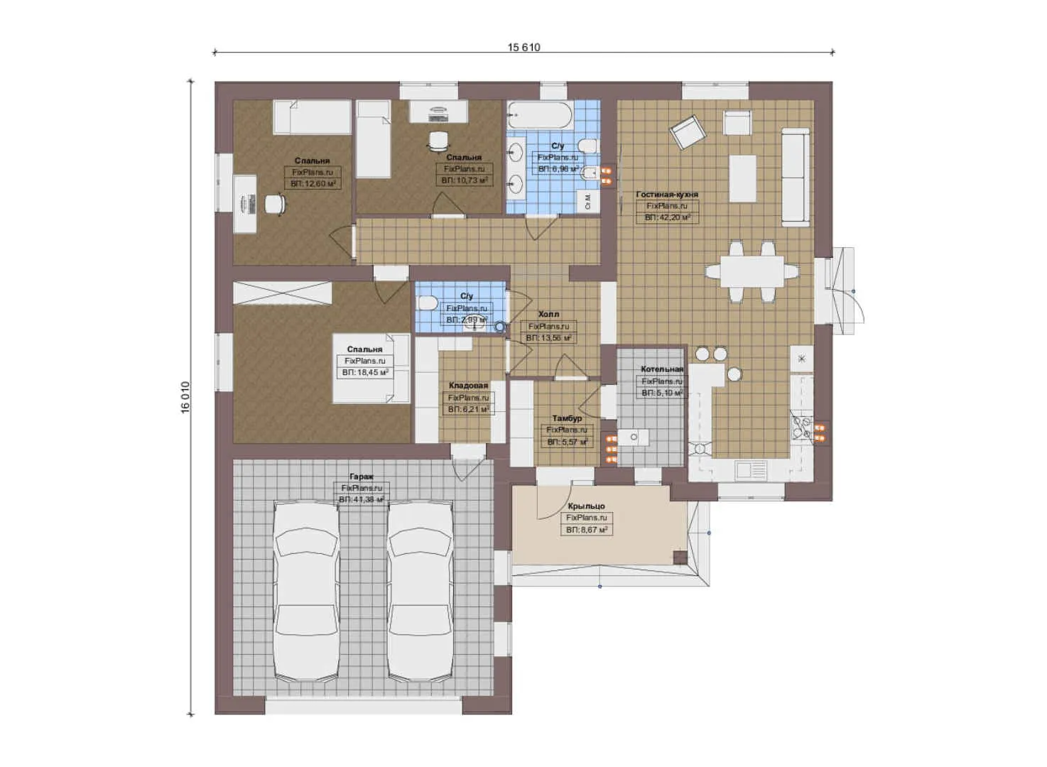 F-15263 - План одноэтажного дома 16 на 17, площадью 180 м² с гаражом на 2 машины и 3 спальнями