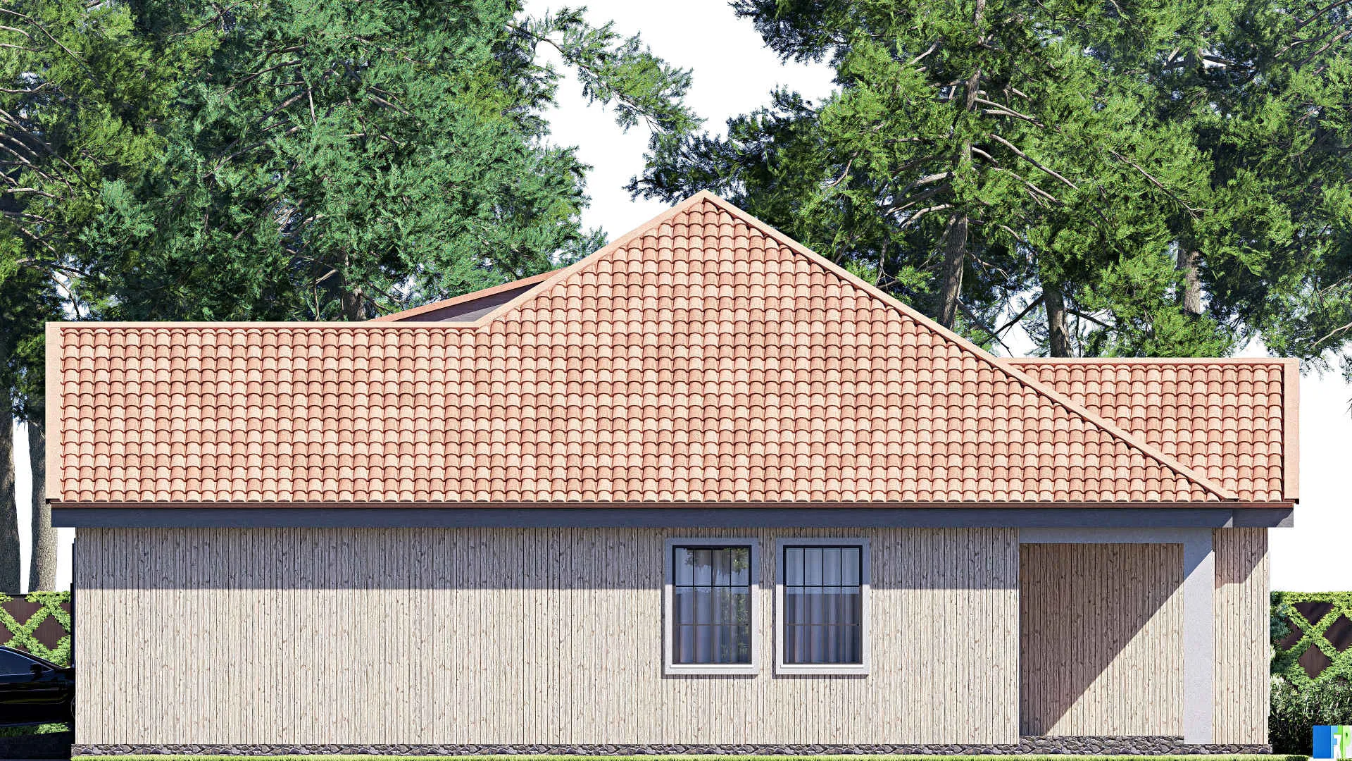 F-20150 - План одноэтажного дома 18 на 20, площадью 270 м² с террасой, гаражом на 2 машины и 2 спальнями