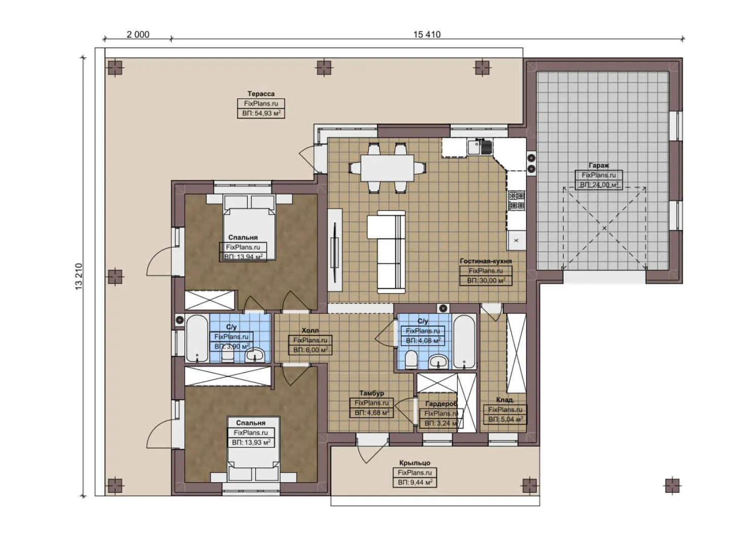 F-3275 - План одноэтажного дома 14 на 16, площадью 180 м² с террасой, гаражом на 1 машину и 2 спальнями