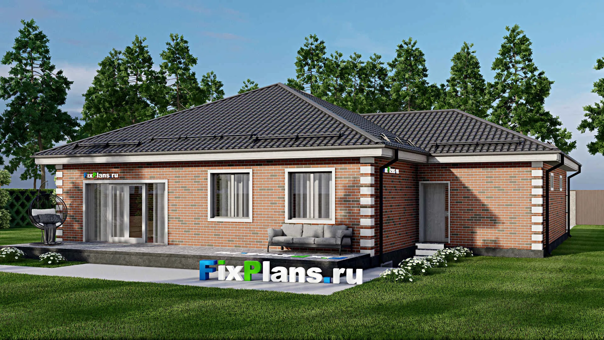 F-5471 - Проект одноэтажного дома 16 на 17, площадью 300 м² с террасой, цокольным этажом, гаражом на 2 машины и 3 спальнями