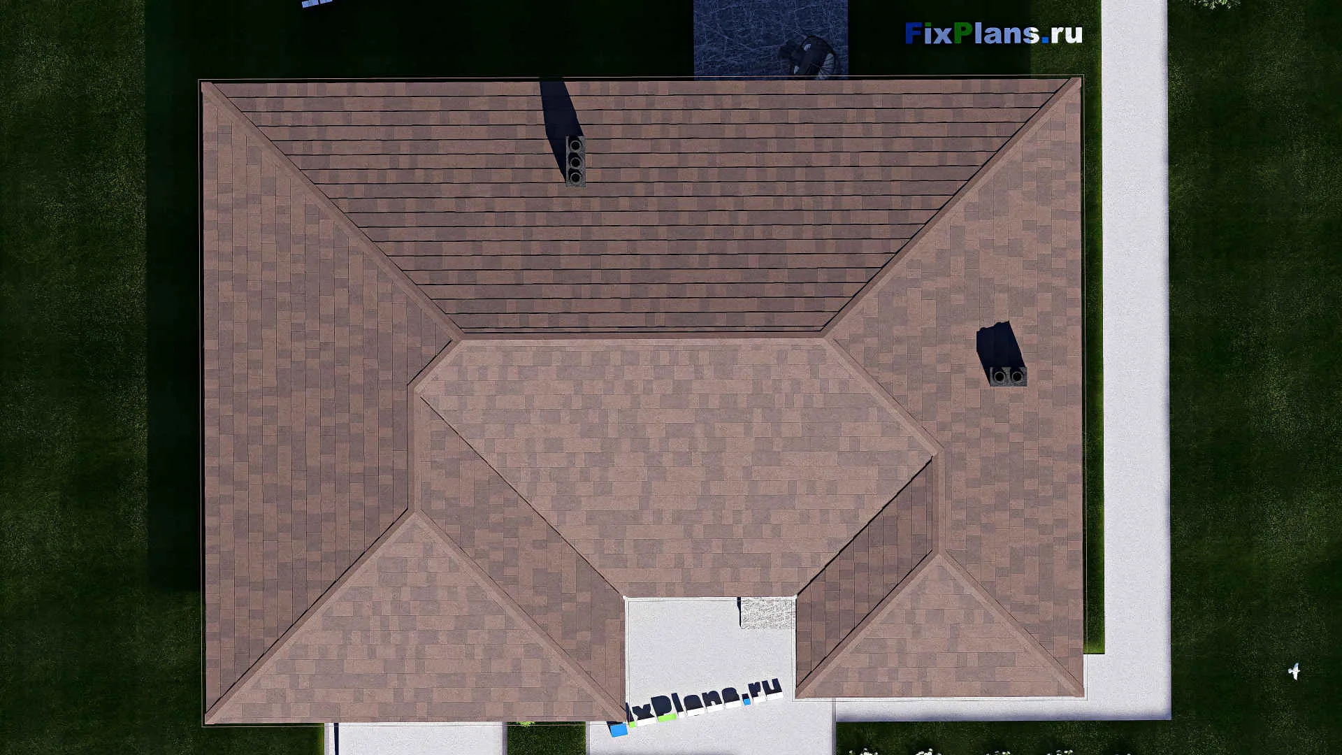 F-17504 - План одноэтажного дома 16 на 19, площадью 190 м² с террасой, гаражом на 2 машины и 3 спальнями