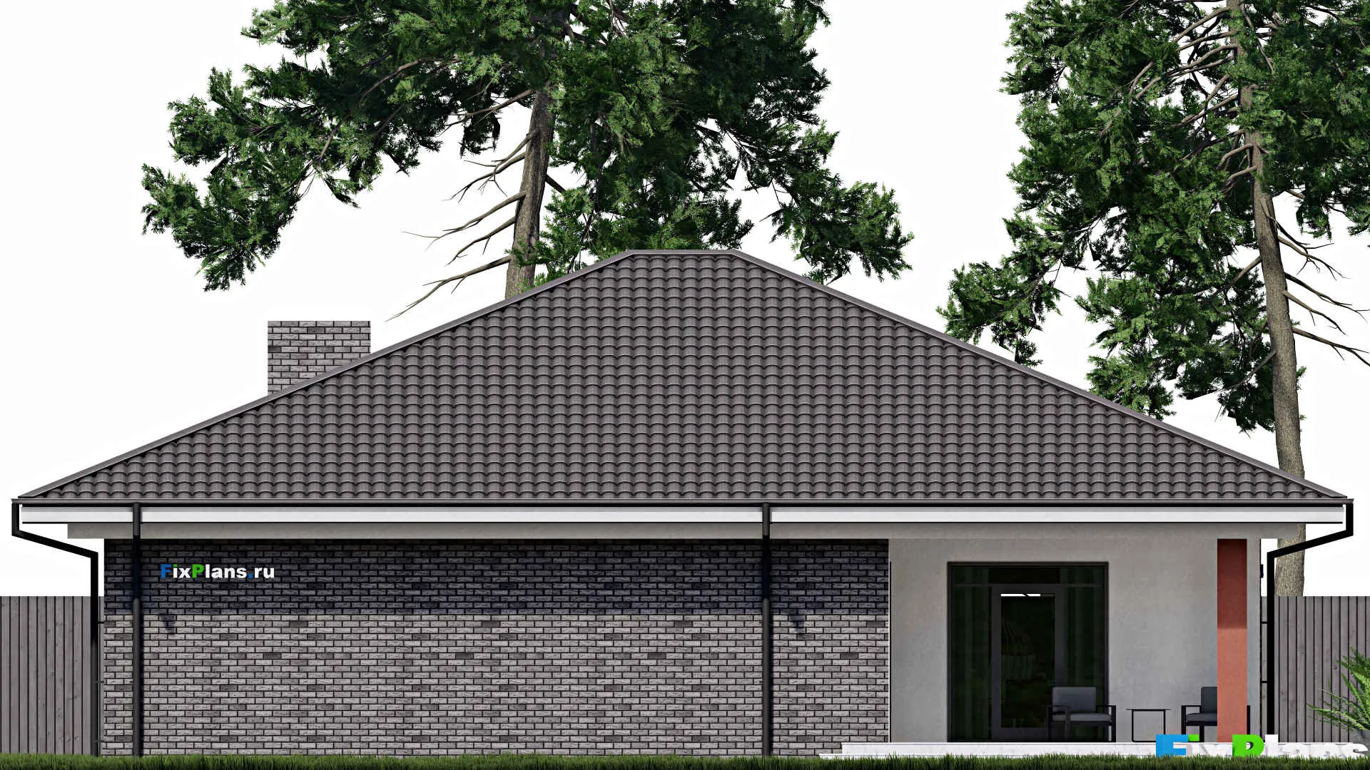 F-0647 - Проект одноэтажного дома 16 на 21, площадью 230 м² с террасой, гаражом на 2 машины и 3 спальнями