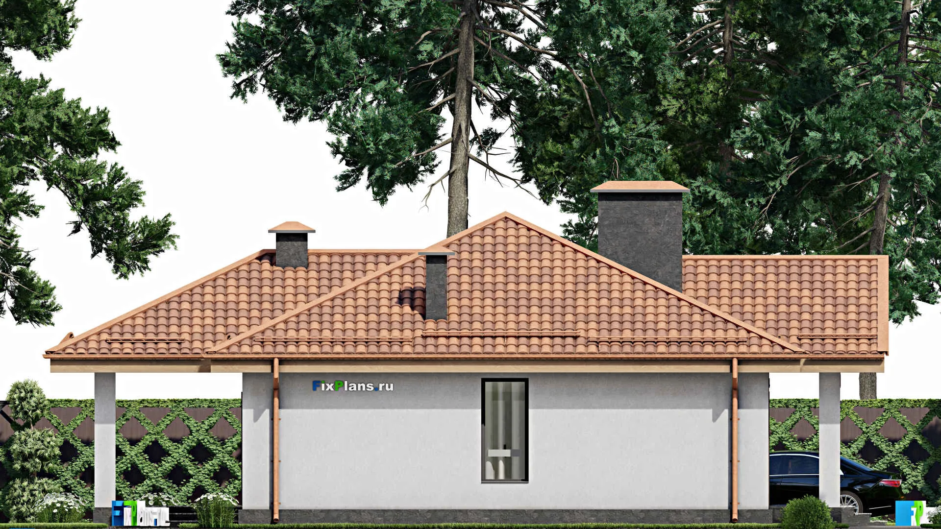 F-11078 - Проект одноэтажного дома 15 на 16, площадью 140 м² с террасой и 3 спальнями