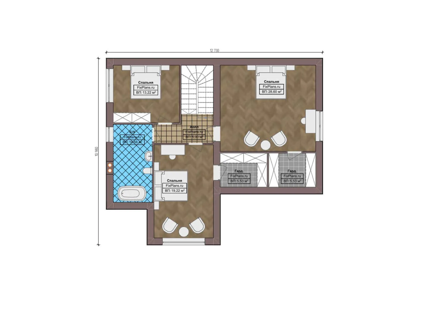 F-0062 - Планы дома с мансардой 14 на 18, площадью 280 м² с террасой, гаражом на 2 машины и 3 спальнями