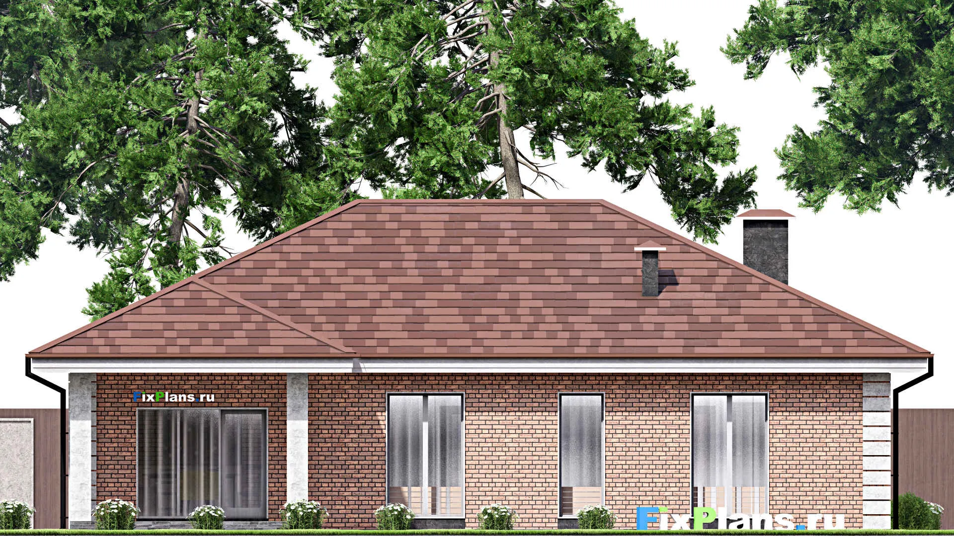 F-14174 - Проект одноэтажного дома 15 на 16, площадью 150 м² с террасой и 3 спальнями