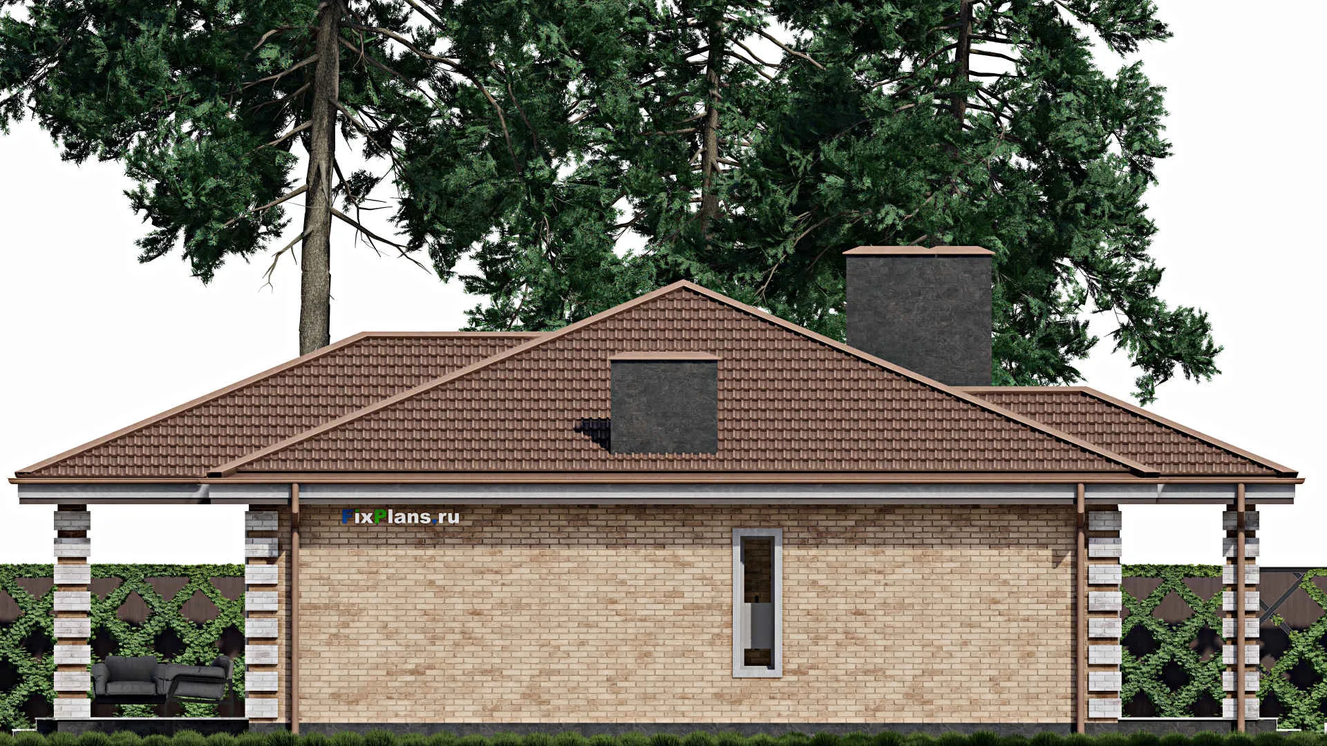 F-0656 - Проект одноэтажного дома 12 на 12, площадью 130 м² с террасой и 3 спальнями