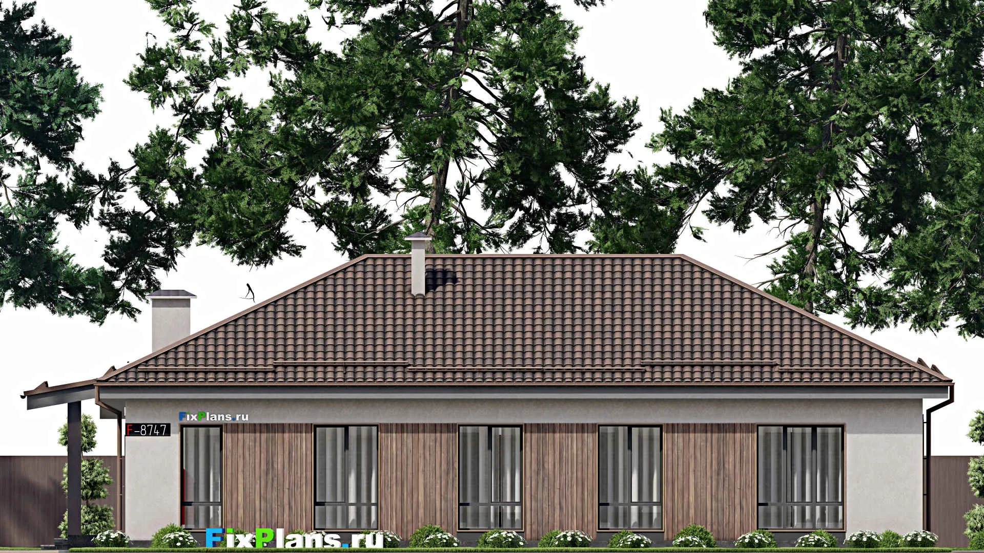 F-8747 - Проект одноэтажного дома 14 на 18, площадью 180 м² с террасой и 5 спальнями