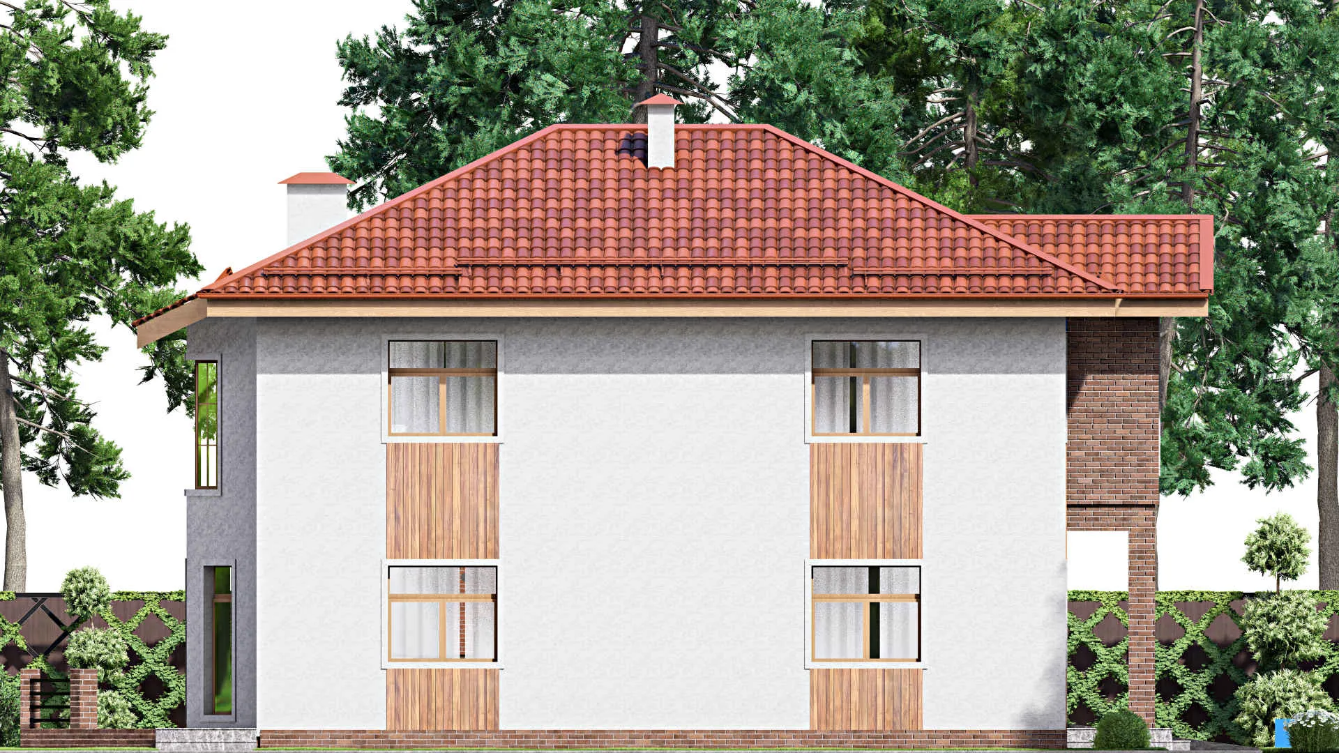 F-15974 - Проект двухэтажного дома 14 на 18, площадью 300 м² с террасой, балконом, гаражом на 1 машину и 4 спальнями