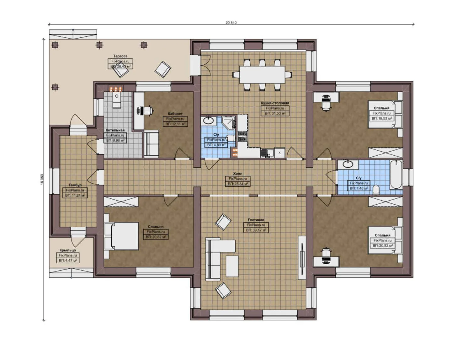 F-10997 - План одноэтажного дома 17 на 21, площадью 240 м² с террасой и 3 спальнями