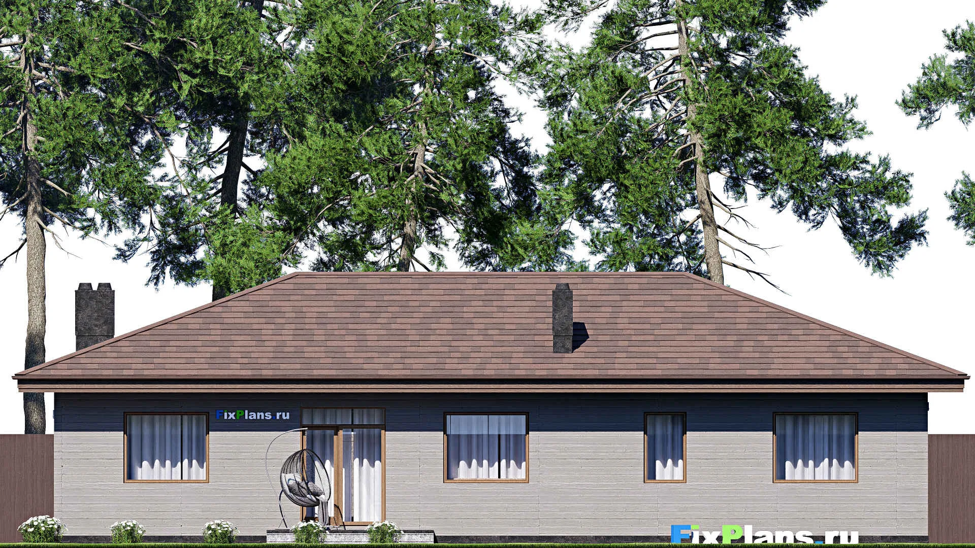 F-17504 - План одноэтажного дома 16 на 19, площадью 190 м² с террасой, гаражом на 2 машины и 3 спальнями