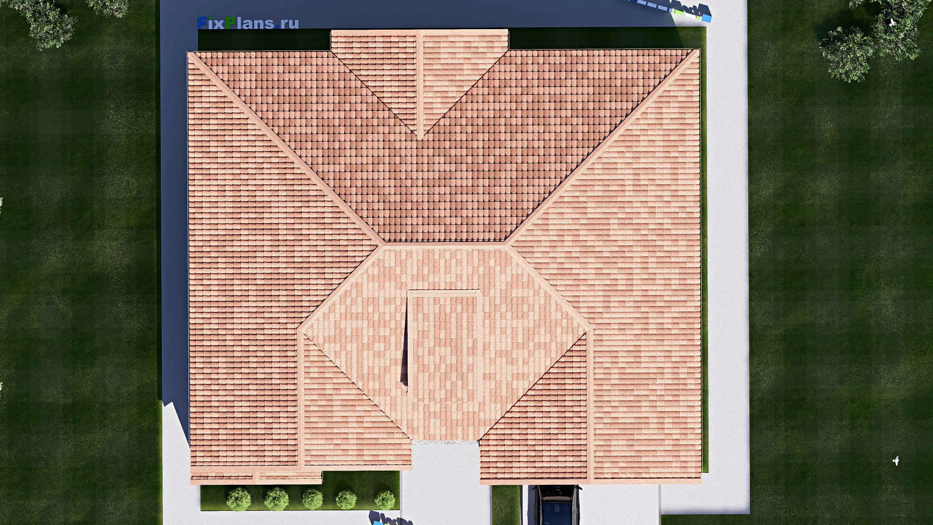 F-20150 - План одноэтажного дома 18 на 20, площадью 270 м² с террасой, гаражом на 2 машины и 2 спальнями