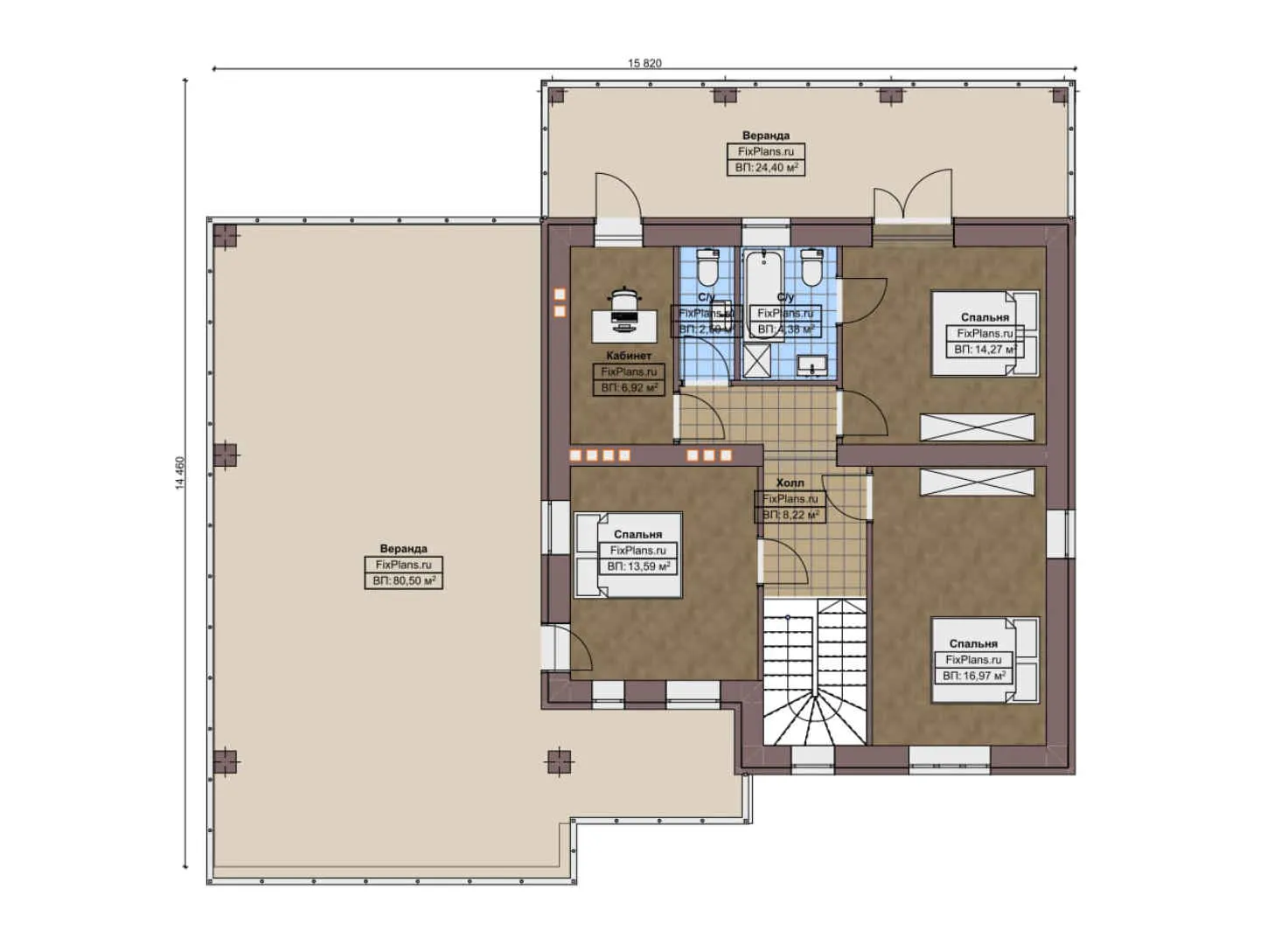 F-6164 - Планы двухэтажного дома 15 на 16, площадью 330 м² с террасой, гаражом на 2 машины и 4 спальнями