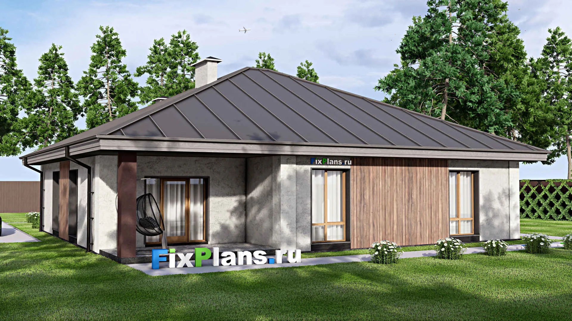 F-14345 - Проект одноэтажного дома 16 на 17, площадью 190 м² с террасой и 4 спальнями