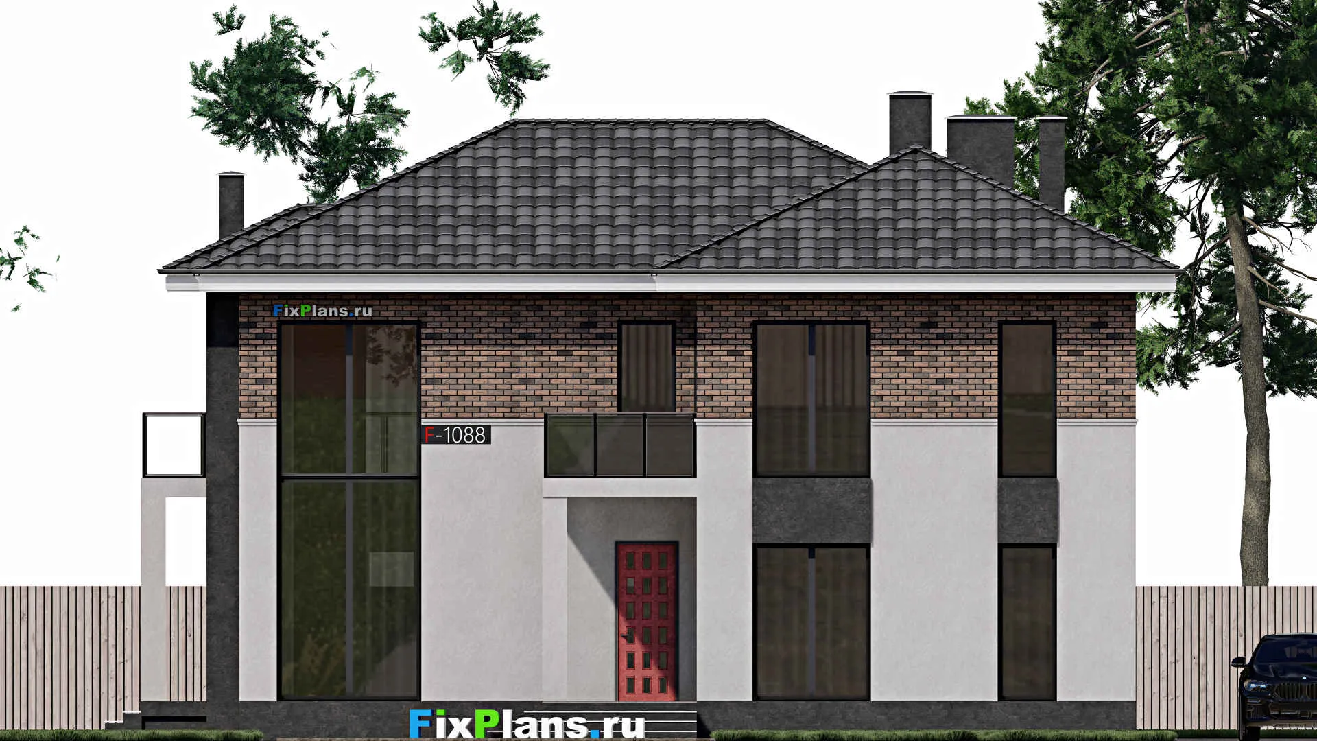 F-1088 - Проект двухэтажного дома 14 на 15, площадью 250 м² с террасой, балконом, вторым светом и 5 спальнями