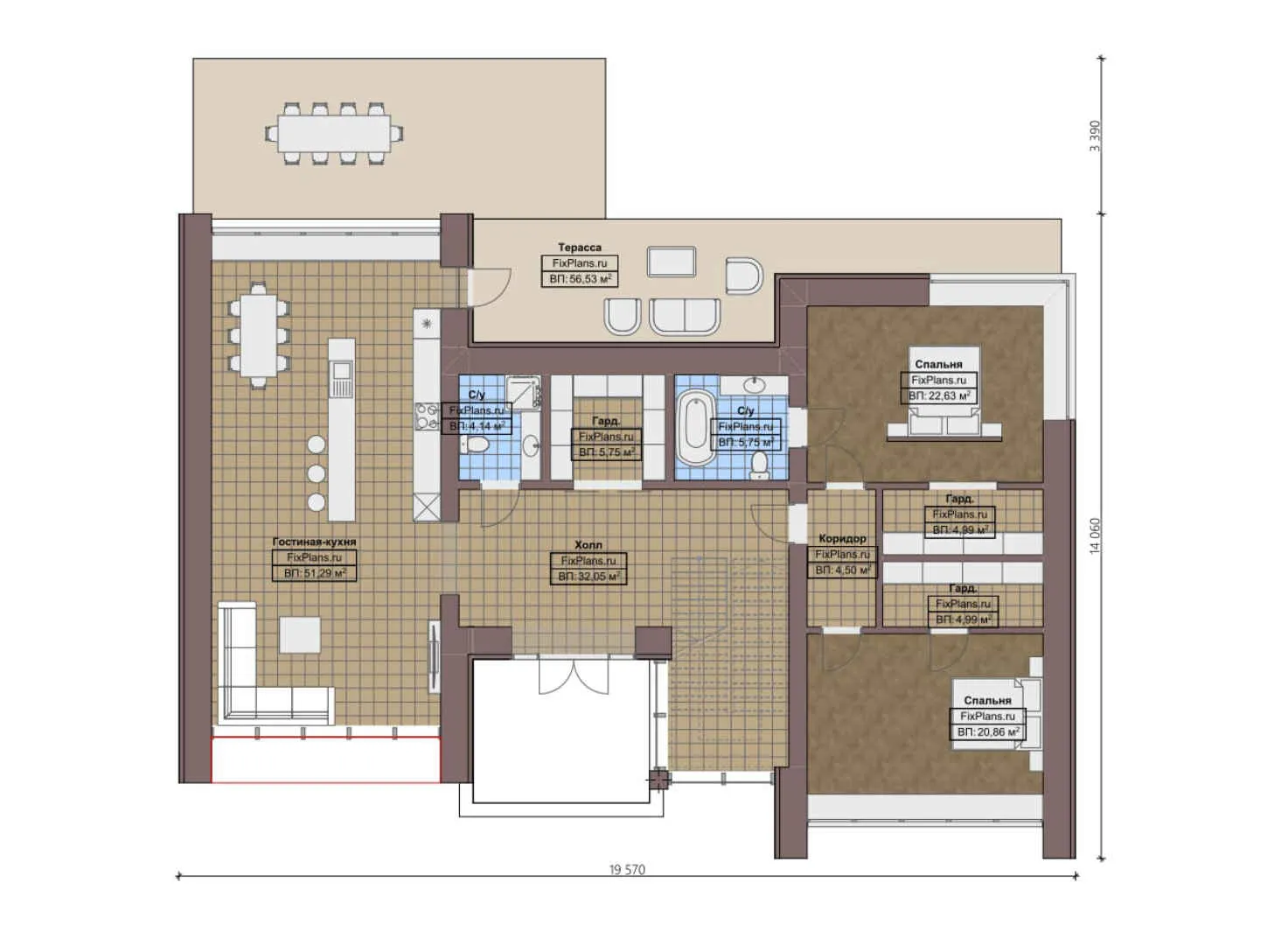 F-0368 - Планы дома с мансардой 15 на 20, площадью 330 м² с террасой и 4 спальнями