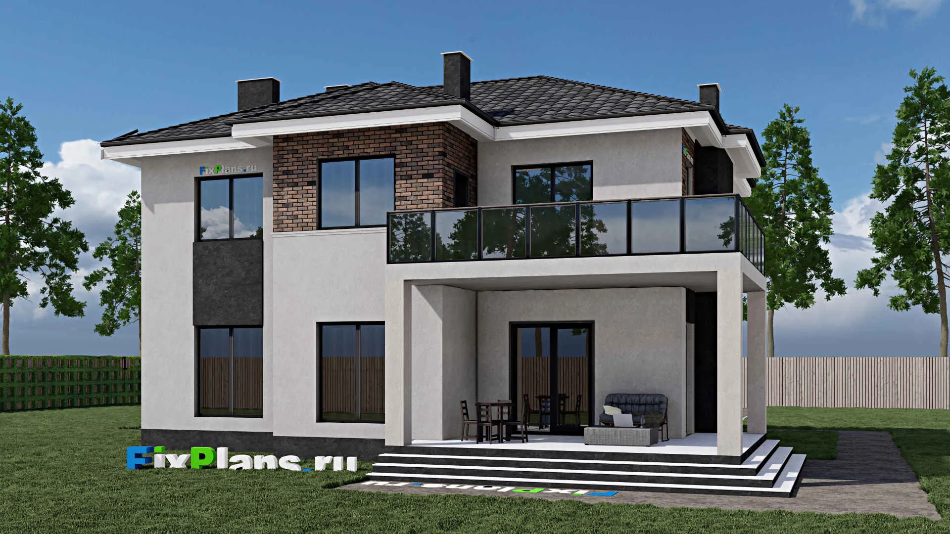 F-1088 - Проект двухэтажного дома 14 на 15, площадью 250 м² с террасой, балконом, вторым светом и 5 спальнями